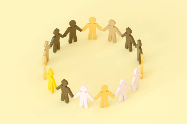Colorful stick figures holding hands, human chain, networking, 3d render.