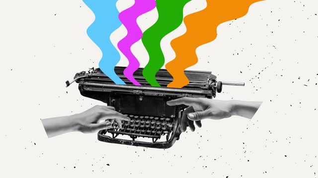 Stop motion, animation. Female hand typing on retro typewriter. Vintage, retro 80s, 70s style. Bright colors.