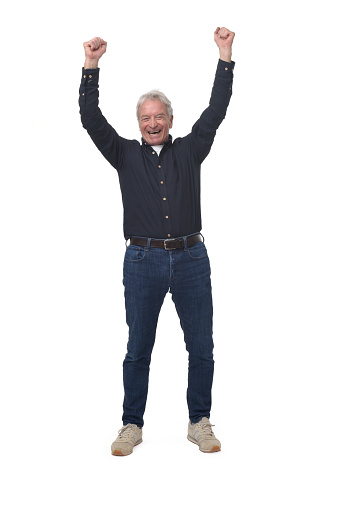 full portrait of a happy man arms outstretched on white background