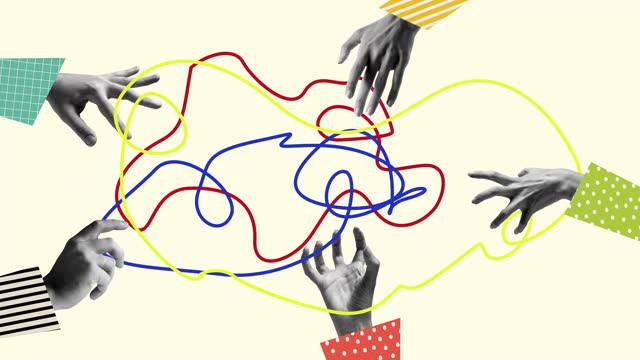 Stop motion, animation. Human hands connecting with string over light background. Connection, cooperation