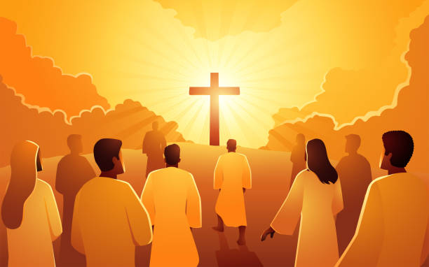 библейская векторная серия иллюстраций людей, взобравшихся на холм к кресту - moving up flash stock illustrations