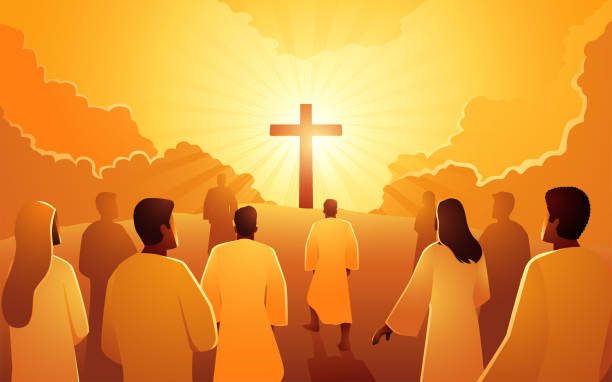 istock Biblical vector illustration series of people climbed the hill towards the cross 1479298096