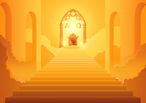 Biblical silhouette illustration series, Jesus sits on the throne with the symbols alpha and omega, the second coming of Jesus Christ