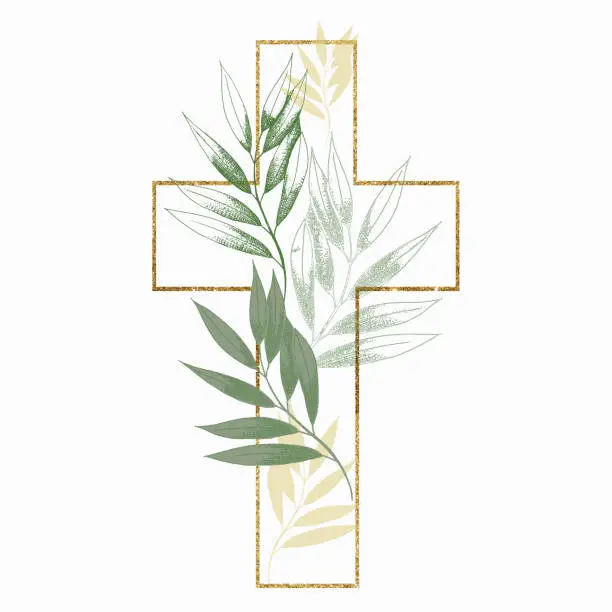 Vector illustration of Graphic Easter Cross Clipart, Spring Floral Arrangements, Baptism Crosses DIY Invitation, Vector Eucaliptus Greenery wedding clipart, Golden frame and foliage, Holy Spirit, Religious