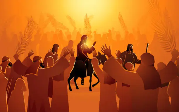 Vector illustration of Jesus comes to Jerusalem as King, Palm Sundays feast day