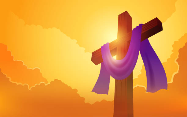 ilustraciones, imágenes clip art, dibujos animados e iconos de stock de cruz de madera con faja púrpura sobre fondo de nubes - easter praying cross cross shape