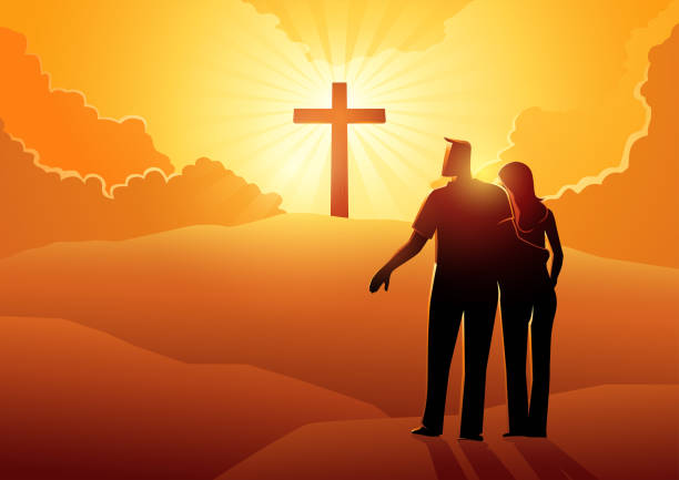 istock Couple hands reaching to one another on a cross on a hill background 1479298696