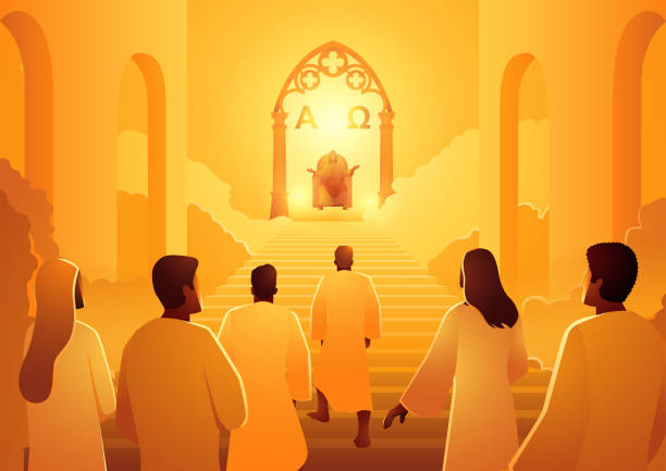 illustrazioni stock, clip art, cartoni animati e icone di tendenza di gesù siede sul trono del cielo accogliendo l'arrivo dei suoi seguaci - rio de janeiro christ the redeemer jesus christ vector