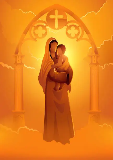 Vector illustration of Virgin Mary and baby Jesus on gothic gate decoration
