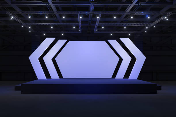 Empty stage Design for mockup and Corporate identity,Display.Platform elements in hall.Blank screen system for Graphic Resources.Scene event led night light staging.3d Background for onlineEvent,conference,live.3 render. diseño de escenario vacío para maqueta e identidad corporativa, os display.platform en hall. sistema de pantalla en blanco para recursos gráficos.escena evento led puesta en escena de luz nocturna.3d fondo para onlineevent, conferencia, live.3 re