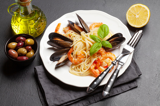 Seafood pasta with shrimps and mussels