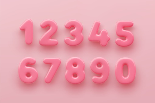 3D Pink number 1,2,3,4,5,6,7,8,9 and null with a glossy surface on a pink background .