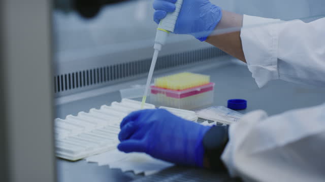 Closeup, research and hands with pipette, medical and health with breakthrough, cure and experiment in lab. Zoom, researcher or scientist with gloves, laboratory equipment or innovation for diagnosis