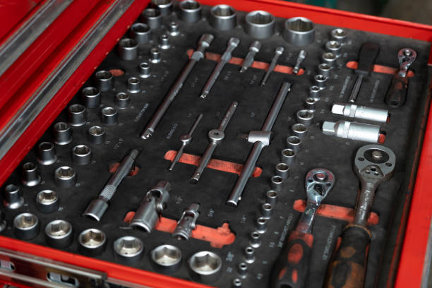 istock Auto mechanic tools are in a proportional tray. 1479306622