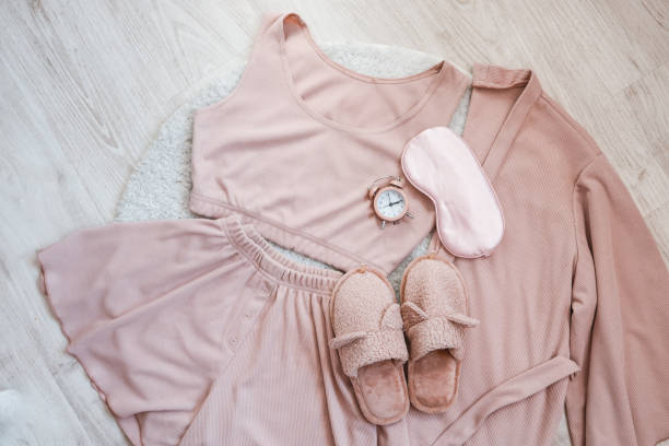 istock Flat lay composition with house slippers, sleeping mask and pajamas on light background 1479307980
