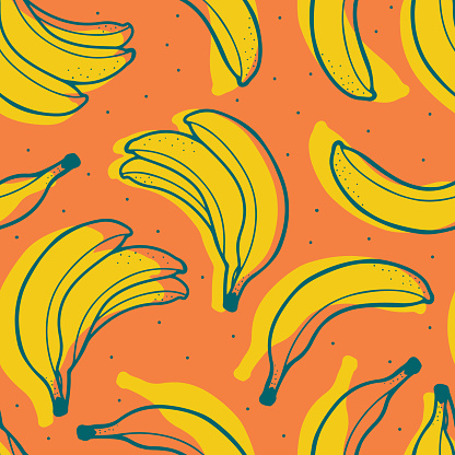 Hand drawn vector seamless pattern with bananas in line and silhouette styles