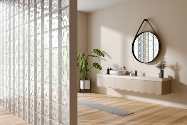 istock Light bathroom interior with sink and glass cube wall, accessories on drawer 1479309259