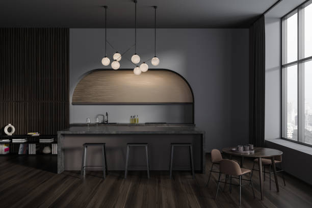 istock Front view on dark kitchen room interior with island, barstools 1479309315