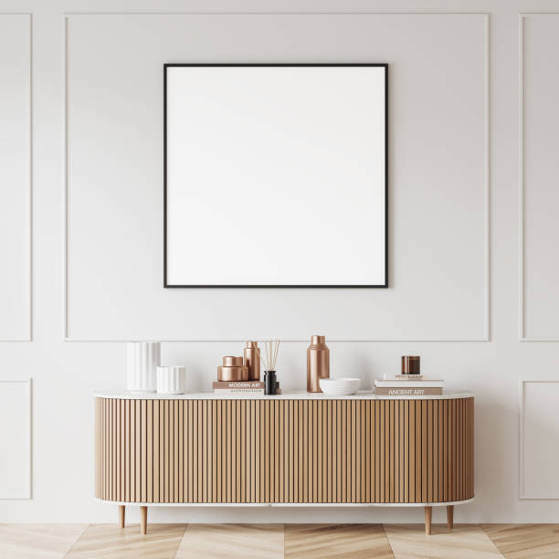 istock Light living room interior with drawer and stylish decoration, mockup frame 1479309629