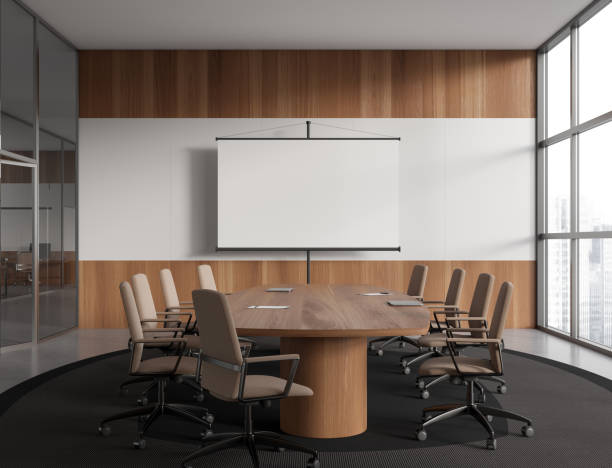 istock Modern meeting interior with board and mockup blank project screen 1479309703