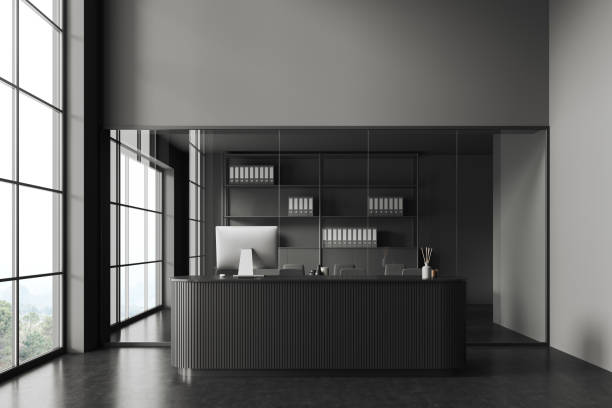 istock Front view on dark office room interior with meeting board 1479310550