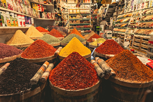 Egyptian bazaar with lots of spices, dry fruits and  tea, Istanbul, Turkey