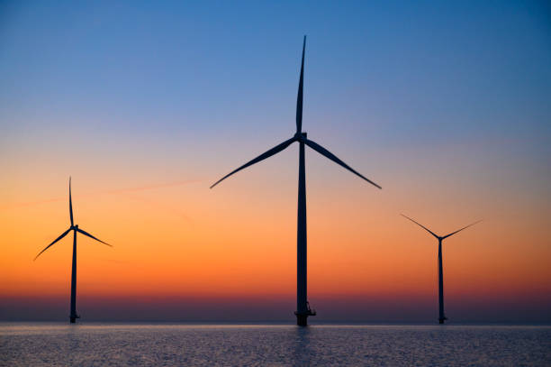 istock Wind turbines in an offshore wind park producing electricity during sunset. 1479310615