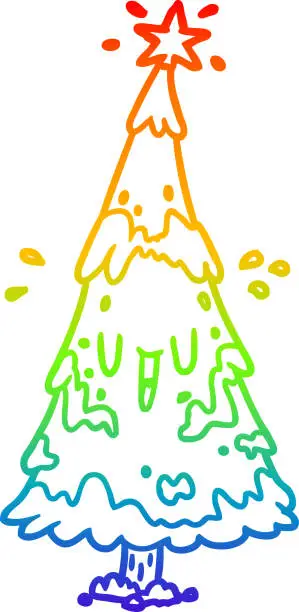 Vector illustration of rainbow gradient line drawing of a snowy christmas tree with happy face