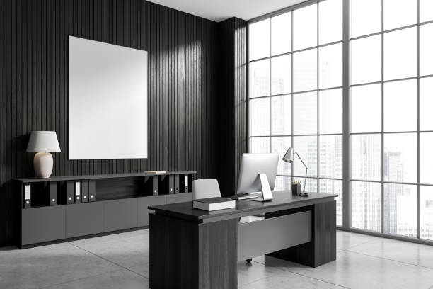 istock Grey office room interior with desk and computer, window. Mockup frame 1479311487