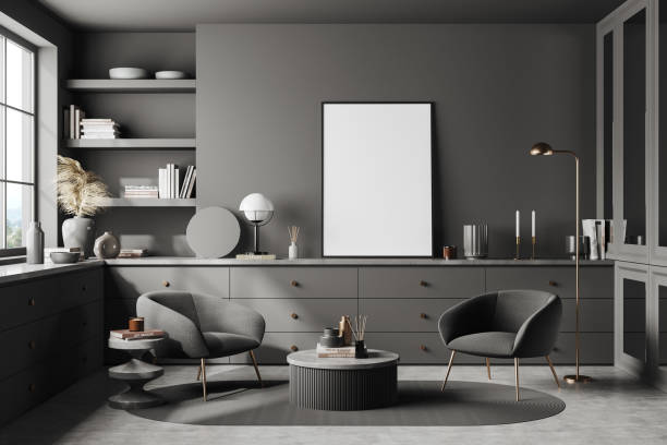 istock Front view on dark living room interior with empty poster 1479311689