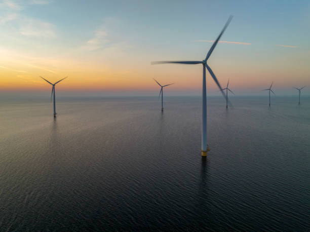 istock Wind turbines in an offshore wind park producing electricity during sunset. 1479311813