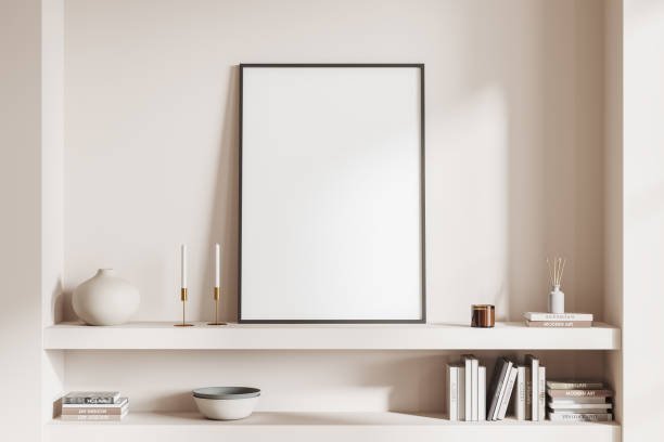 istock Light exhbition room interior shelf with decoration, mockup poster 1479311884