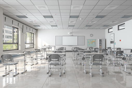3d rendering of An Empty Modern Classroom With Desks, Chairs And Whiteboard