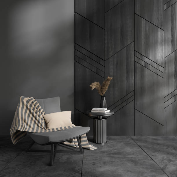 istock Dark living room interior with empty grey wall with armchair 1479312311