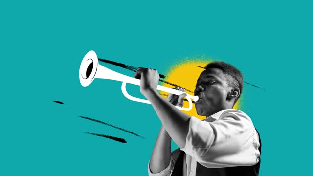 Stop motion, animation. Jazz. Lovely sounds. Contemporary art of young stylish man playing hand-drawn trumpet