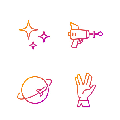 Set line Vulcan salute, Planet, Falling star and Ray gun. Gradient color icons. Vector