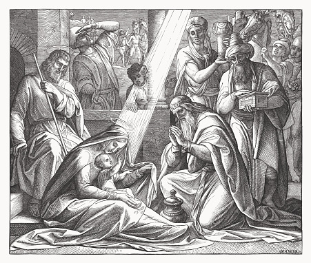 Adoration of the Magi (Matthew 2, 10 - 11). Wood engraving by Julius Schnorr von Carolsfeld (German painter, 1794 - 1872), published in 1860.