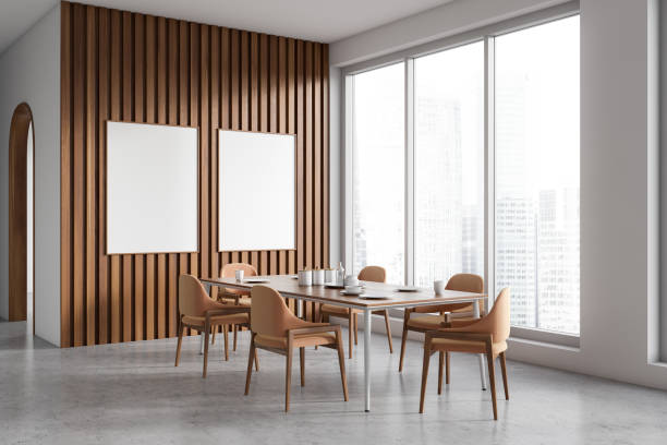 istock Stylish eating interior with table and chair, panoramic window. Mockup frames 1479312909