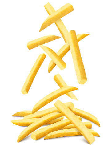 French fries background. Fast food banner. Flying french fries potatoes with blurry effect isolated on white. Junk food. Falling roasted vegetable pieces. Realistic 3d vector illustration