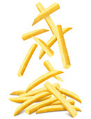 istock French fries background. Fast food banner. Flying french fries potatoes with blurry effect isolated on white. Junk food. Falling roasted vegetable pieces. Realistic 3d vector illustration 1479314624