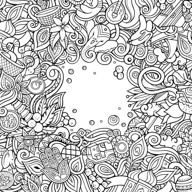 India hand drawn vector doodles illustration. Indian frame card design. India hand drawn vector doodles illustration. Indian frame card design. Funny elements and objects cartoon background. Sketchy border. All items are separated ganesha outline drawing stock illustrations