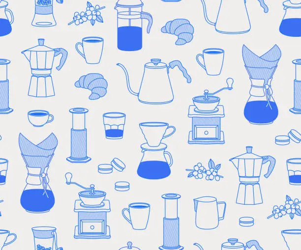 Vector illustration of Seamless pattern of tools for brewing coffee, sweets, and coffee branch.