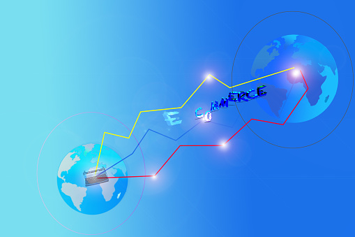 illustration for a concept of e-commerce with two planets and the inscription in the middle