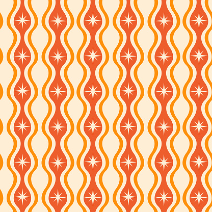 Mid Century atomic starbursts on orange ogee ovals seamless pattern on light background . For textile, retro backgrounds and home Décor