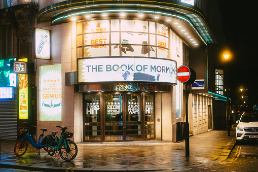 London, UK - 29 March, 2023: exterior architecture of the Prince of Wales theater in central London, UK. The theater is currently showing the popular show The Book of Mormon.