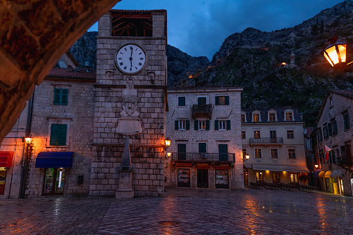 Central square in the old town of Kotor, Montenegro. night cityscape