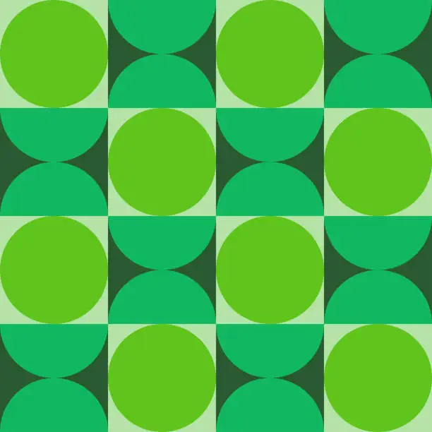 Vector illustration of Mid Century modern lime green circles and jade green half circles seamless pattern.