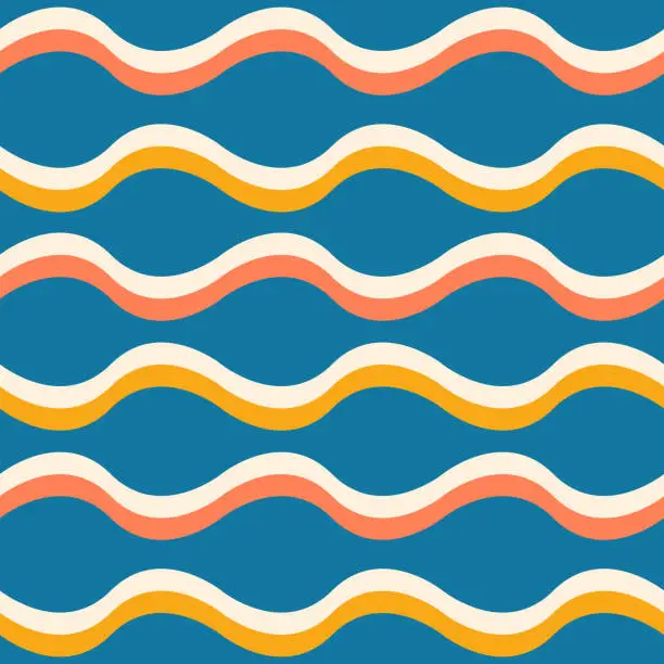 Vector illustration of Abstract retro waves in orange, white and mustard seamless pattern over blue background.