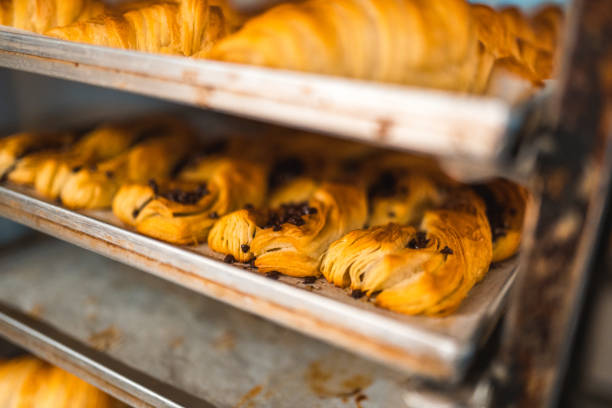 Close up on freshly baked croissants and danishes cooling on a baking tray in an artisan bakery.