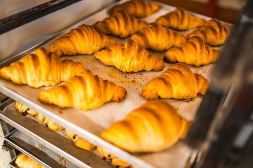 Close up on freshly baked croissants and danishes cooling on a baking tray in an artisan bakery.